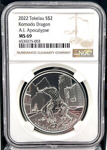 2022 Tokelau $2 Komodo Dragon A.I. Apocalypse 1 oz .999 Silver Coin  - NGC MS 69