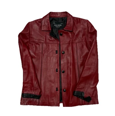 Jaqueta de couro vermelha vintage com forro preto tamanho M marca francesa peles vermelhas - Imagem 1 de 4