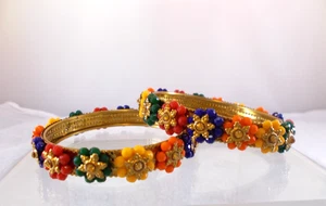 2 Multicolor Acrylic Flowered Gold Tone Bangle Bracelets Rhinestone Free Ship - Picture 1 of 11
