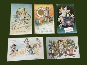 Bel lotto di 5 cartoline antiche in rilievo angeli, floreali, auguri di festa '900 - Foto 1 di 11