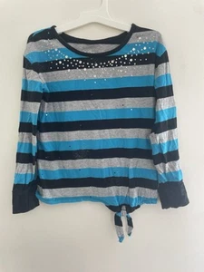 Justice Kids Girls Glitter Studded Striped Tie-Front Long Sleeve Shirt Blue Sz 7 - Picture 1 of 6
