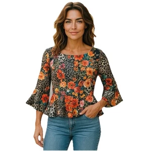 Top para mujer Venus talla grande estampado floral de leopardo mangas campana peplum - Imagen 1 de 10