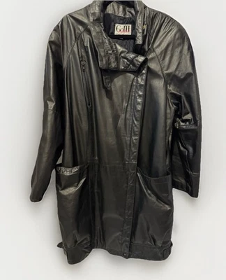 Chaqueta de cuero negra larga vintage de moda de cuero G-III con herrajes de latón Foto 1 de 4