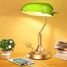 Bankers Lamp with 2 USB Ports, Touch Control Green Glass Desk Lamp with Brass...