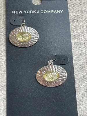 NEW YORK & COMPANY HAMMERED SILVER WITH YELLOW MIDDLE STONE OVAL EARRINGS NEW - Image 1 of 3