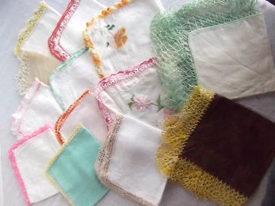 vtg lot 13 hanky crochet lace edge turquoise - Image 1 of 4