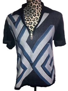 Versace Top Blouse Size L Blue Geometric mens Zip Neck Cotton Blend Polo… - Picture 1 of 5