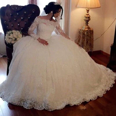 White Lace Appliques Wedding Dresses Long Sleeve Ball Gown Sequin Bridal Gowns - Image 1 of 4