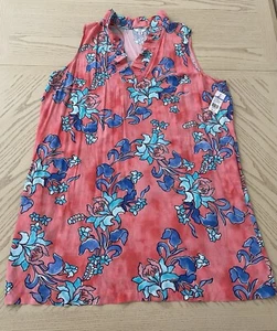 Crown & Ivy Ladies 2X Shift Dress Pink Blue Rayon NWT $84 Sleeveless Ruffle Neck - Picture 1 of 12