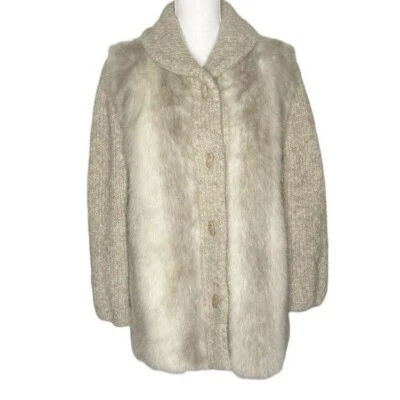 Vtg D'esprit Dubrowsky & Perlbinder Faux Fur Brown Beige Knit Mid Coat Size 12 - Image 1 of 4