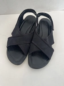 Ecco Größe 9 schwarz Stretch Textil Kreuzriemen Fersenriemen Keilabsatz Sandalen - Bild 1 von 5