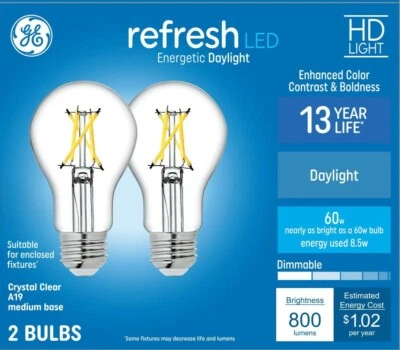 Paquete de 2 bombillas LED GE Refresh 60 vatios ecualizador a19 energéticas regulables 60 W  Foto 1 de 4