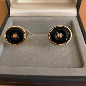 Dunhill Onyx Black Enamel Cufflinks gold plated round jewelry men's - Picture 1 of 2