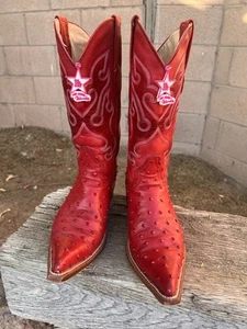 LOS ALTOS RED OSTRICH LEATHER SNIP TOE BOOTS WOMENS SIZE 8 - Picture 1 of 15