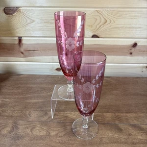 2~Vintage Flashed Footed, Etched Cranberry Glass Tapered Vase/Goblet~EUC - Picture 1 of 5