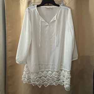 Chico’s weiße Bauernbluse Gr. 2 Häkelspitze Saum Tunika Boho Top - Bild 1 von 3