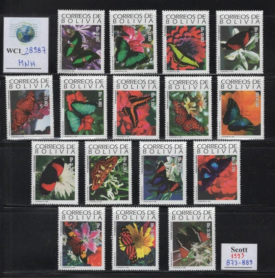 WC1_28987. BOLIVIA. Valioso juego de mariposas 1993. Sc. 873-889. MNH Foto 1 de 1