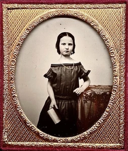 TINTED 1/6 PLATE CASED AMBROTYPE - PRETTY GIRL HOLDING BOOK - INSIDE A FULL CASE - Picture 1 of 3