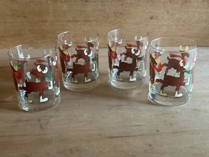 Christmas Ice Skating Moose Tumbler Egg Nog Old Fashion Lowball Glass Vtg Set 4 - Picture 1 of 24