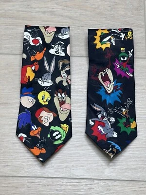 复古 批量 2 件 Looney Tunes Mania 领带 Bugs Bunny Taz 领带 复古 1993,1997 — 第 1/4 张图片