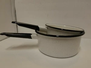 2 VTG SAUCE PANS POTS WHITE ENAMELWARE BLACK RIM 7-1/2" & 6" FARMHOUSE COTTAGE - Picture 1 of 11