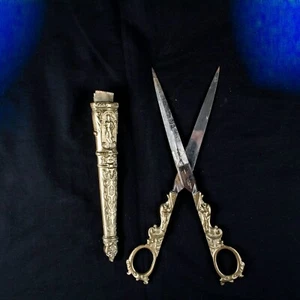 Opa Messing goldfarbene Figur antike Messingschere Kappe Größe 11,25" L x 3,5" B - Bild 1 von 12