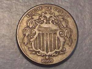 1869 níquel escudo (F/MUY en muy buen estado, troquel agrietado, rotación de troqueles y atractivo) - Imagen 1 de 5