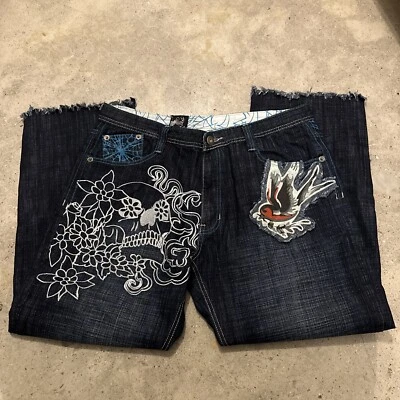 Pantalones de mezclilla Y2K Delf Trading Savage con flecos para hombre 38x32 bordados calavera azul Foto 1 de 4