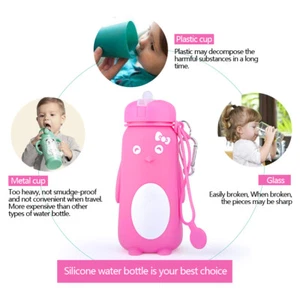 Kids School Penquin Cartoon Water Bottle Travel Beach Outdoor BPA free Silicone - Picture 1 of 12