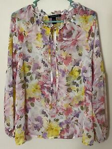 A LOVE STORY Women’s Round Ruffle Neck Mesh Blouse Floral Size Large