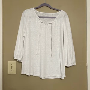 Talbots Women’s White Linen Blend 3/4 Sleeve Notch Neckline Tassel Petite XL XLP - Picture 1 of 6