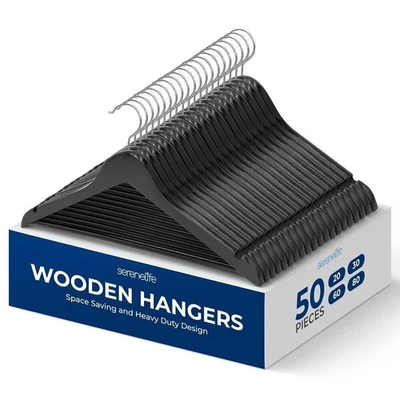 SereneLife 50 Pcs Wooden Hangers-Non-Slip, Sturdy w/ Chrome 360° Swivel Hook - Image 1 of 4