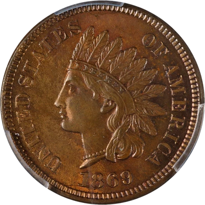 Centavo indio 1869 graduación profesional MS63 BN gran atractivo visual fuerte golpe Foto 1 de 4