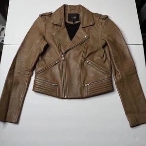 Maje Leather Jacket Womens 36 Brown Camel Moto Biker H16BASALT Quilted Zip Lamb - Picture 1 of 12