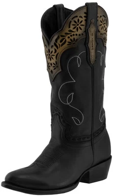 Botas Western Rodeo Mujer Cuero Negro Floral Bordado Punta Redonda Talla 10 Foto 1 de 4