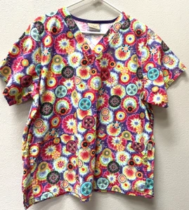 Tafford Scrub Top Women's Medium Color Pop Print Nursing Medical Vet 2 Pockets - Picture 1 of 6