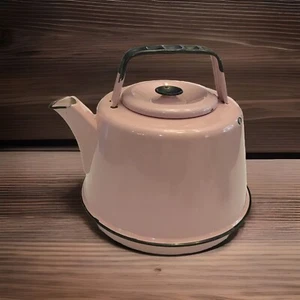 Vintage Enamel Tea Kettle Teapot Pink W/ Black Metal Handle Movie Prop - Picture 1 of 15