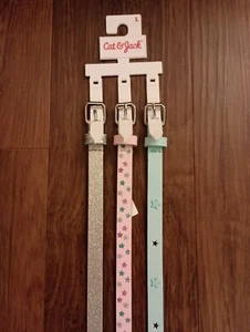 Belt 3 Pack Set Silver Glitter Pink Star Blue Patent Leather Girls L 25W-29W NWT - Picture 1 of 4