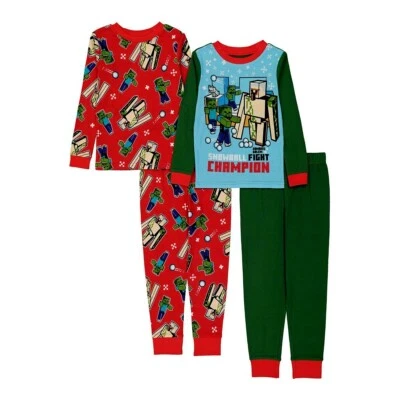 NWT Minecraft Christmas Pajamas Boys Size 6-12 Girls Cotton 4 Piece Set Holiday - Image 1 of 4