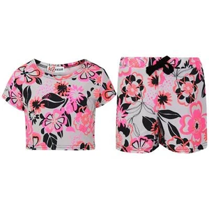Kids Girls Crop Top & Shorts Neon Pink Floral Fashion Summer Outfit Short Sets - Picture 1 of 7