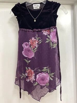 Amy Byer 紫色天鹅绒/花卉连衣裙带可拆卸项链女孩尺寸 4* — 第 1/4 张图片