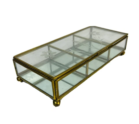 VTG MCM Regency Brass Etched Floral Glass Jewelry Trinket Box Casket Curio Case Cover