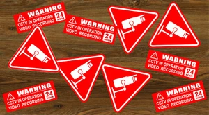 10 X Pegatinas de Advertencia Señales de Video CCTV Cámara Grabación Hogar Coche Vehículo ROJO + - Imagen 1 de 2