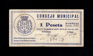 F.C. SARIÑENA (HUESCA) , 1 PESETA JUNIO 1937 , MBC . - Imagen 1 de 2