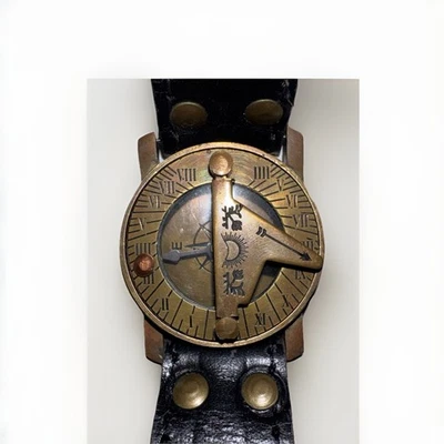 Солнечные часы и компас запястье мужчин 40 мм латуни тон черный ремень морской стимпанк - Изображение 1 из 4