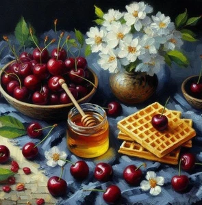 Art "Cherry Burston"Original Still Life Oil Painting Kitchen Home 12"×12 Food - Picture 1 of 1