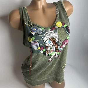 Camiseta sin mangas Varno Y2K Harajuku rara S/M parche hecho a mano bordado con cuentas - Imagen 1 de 12