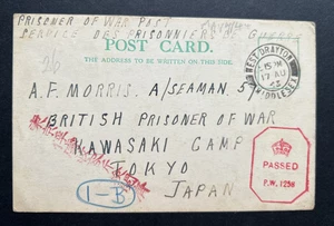 1943 GB To Japan POW Postcard Censor British Seaman Kawasaki Red Kanji Tokyo - Picture 1 of 3
