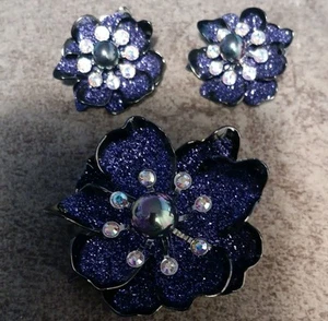 New Joan Rivers Purple Flowers Glitter Earrings Brooch Demi- Parure stunning - Picture 1 of 2