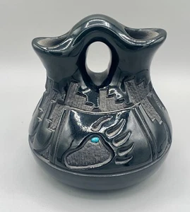 Kim Licheni Santa Clara Pottery Blackware Wedding Vase with Turquoise - Picture 1 of 10